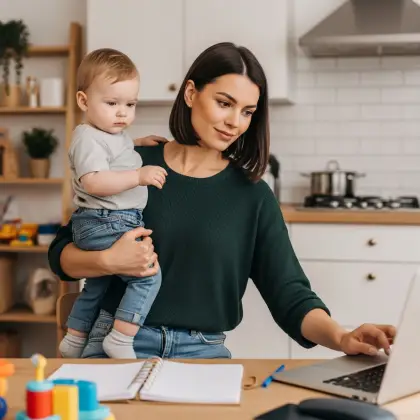 A woman and child sit together on a couch, using a laptop, exemplifying the balance of work and family life.